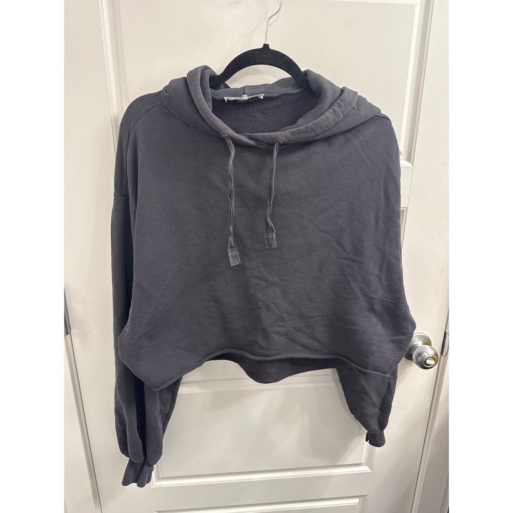 FRAME Faded Noir Organic Pima Cotton Cropped Hoodie Sweatshirt LWAC0353 Medium‎